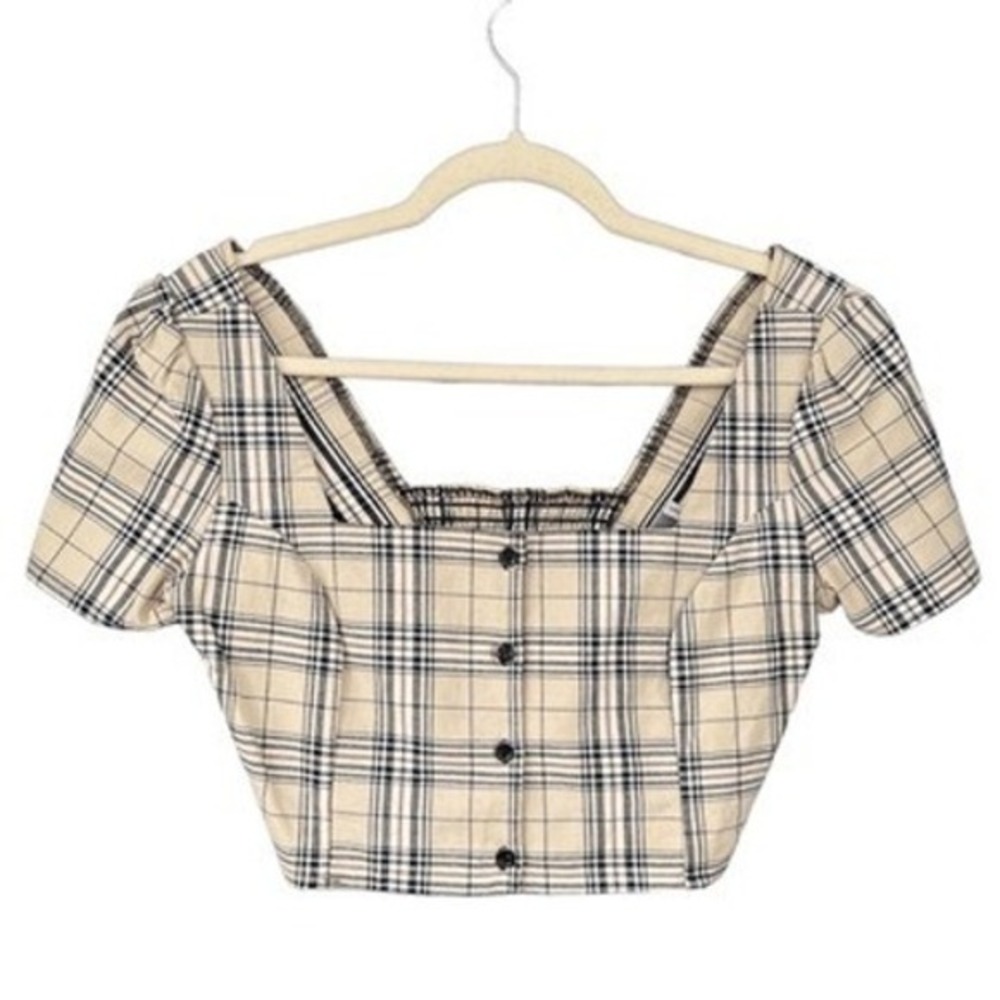 T9 Y2K‎ VTG Urban Renewal Plaid Square Neck Puff Sleeve Cropped Top Shirt S/P